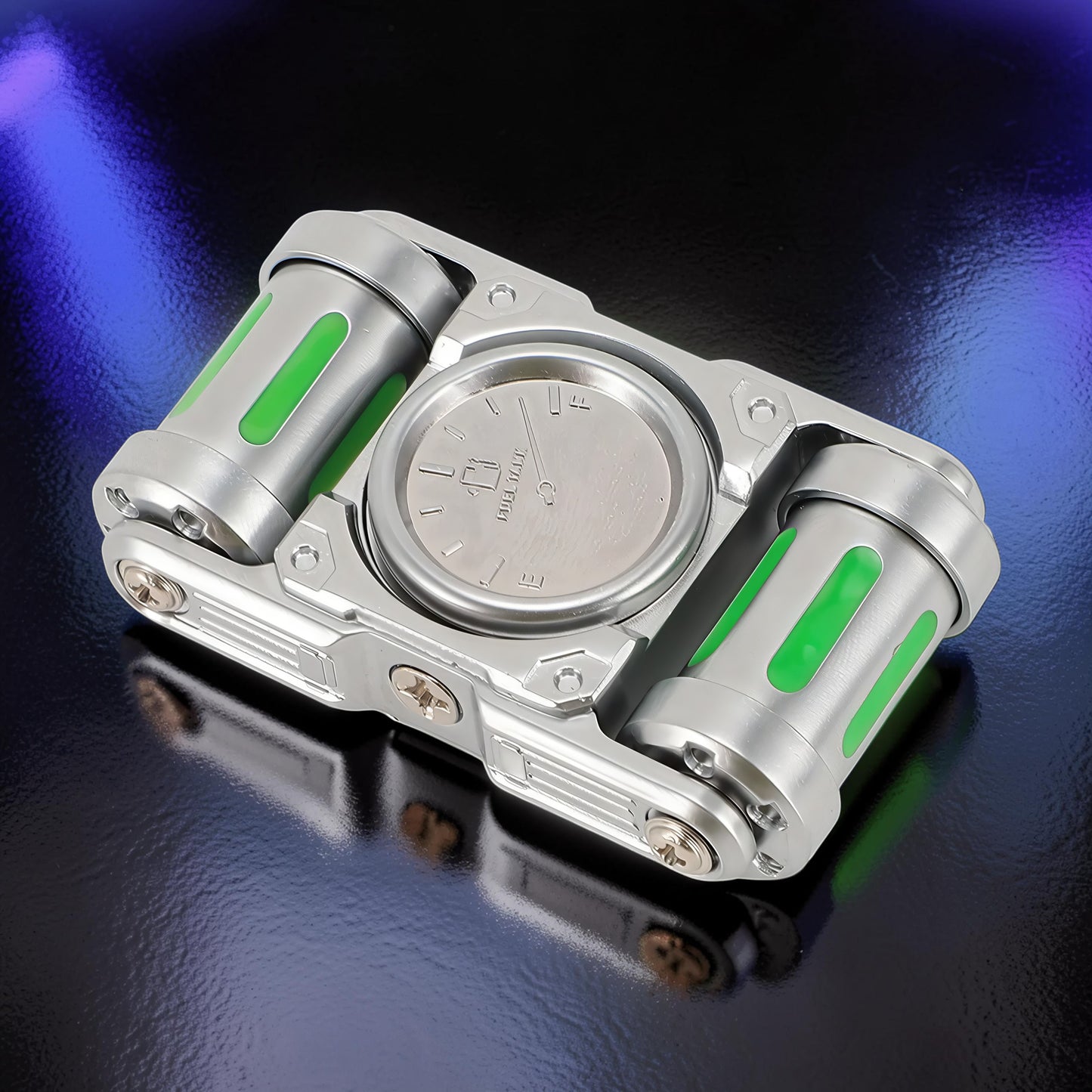 The Curious Mind Luminous Tank Metal Spinner with green glowing inserts and a central dial.