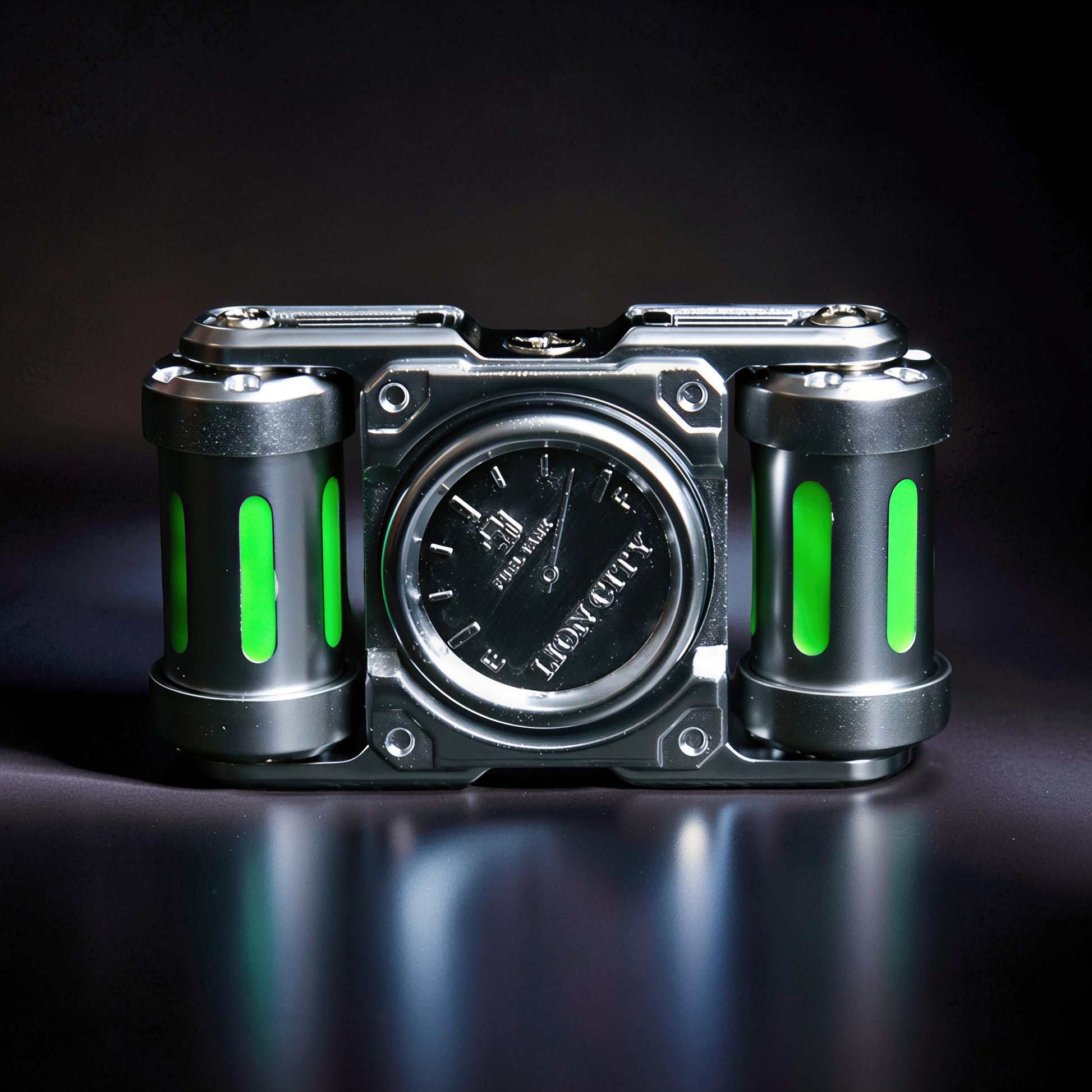 The Curious Mind Luminous Tank Metal Spinner with green glowing inserts and a fuel gauge design.