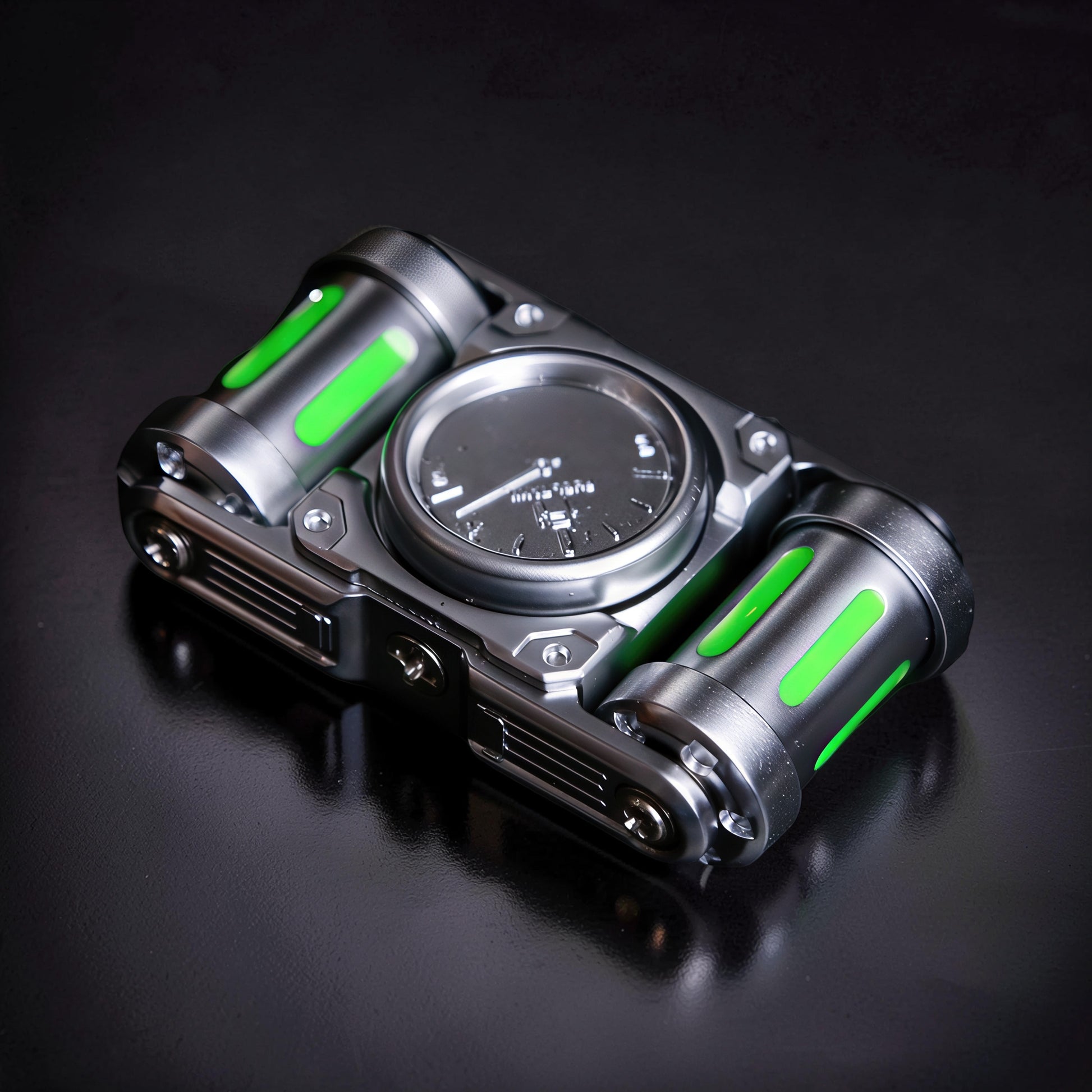 The Curious Mind Luminous Tank Metal Spinner with green glowing accents and a gauge-like display.