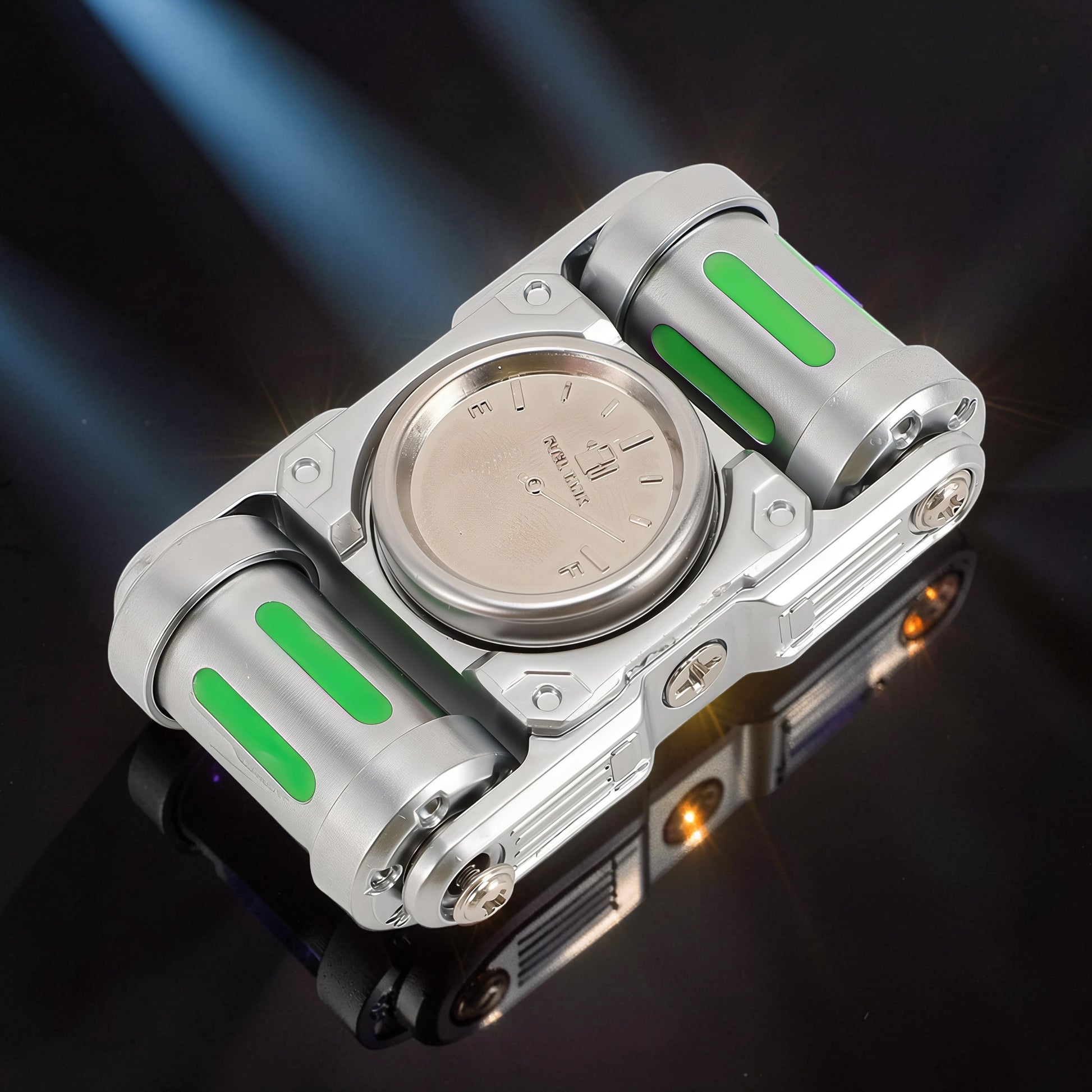 The Curious Mind Luminous Tank Metal Spinner with green glowing accents and a silver dial.