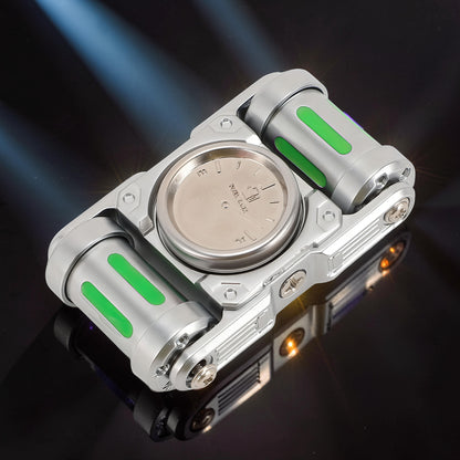 The Curious Mind Luminous Tank Metal Spinner with green glowing accents and a silver dial.