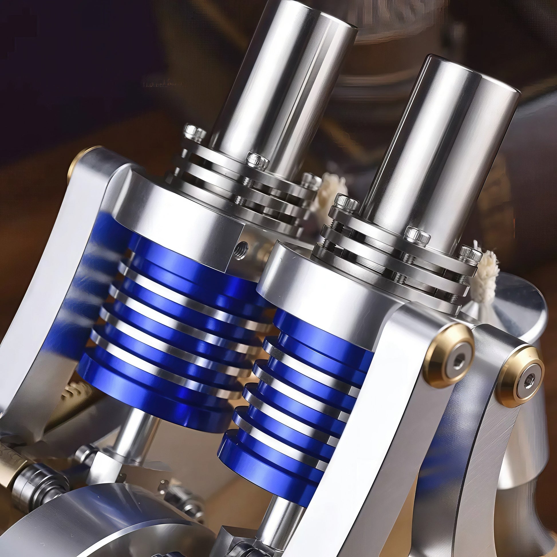 The Curious Mind M20 Stirling Engine model with silver metal and blue accents. Precision mechanical display.