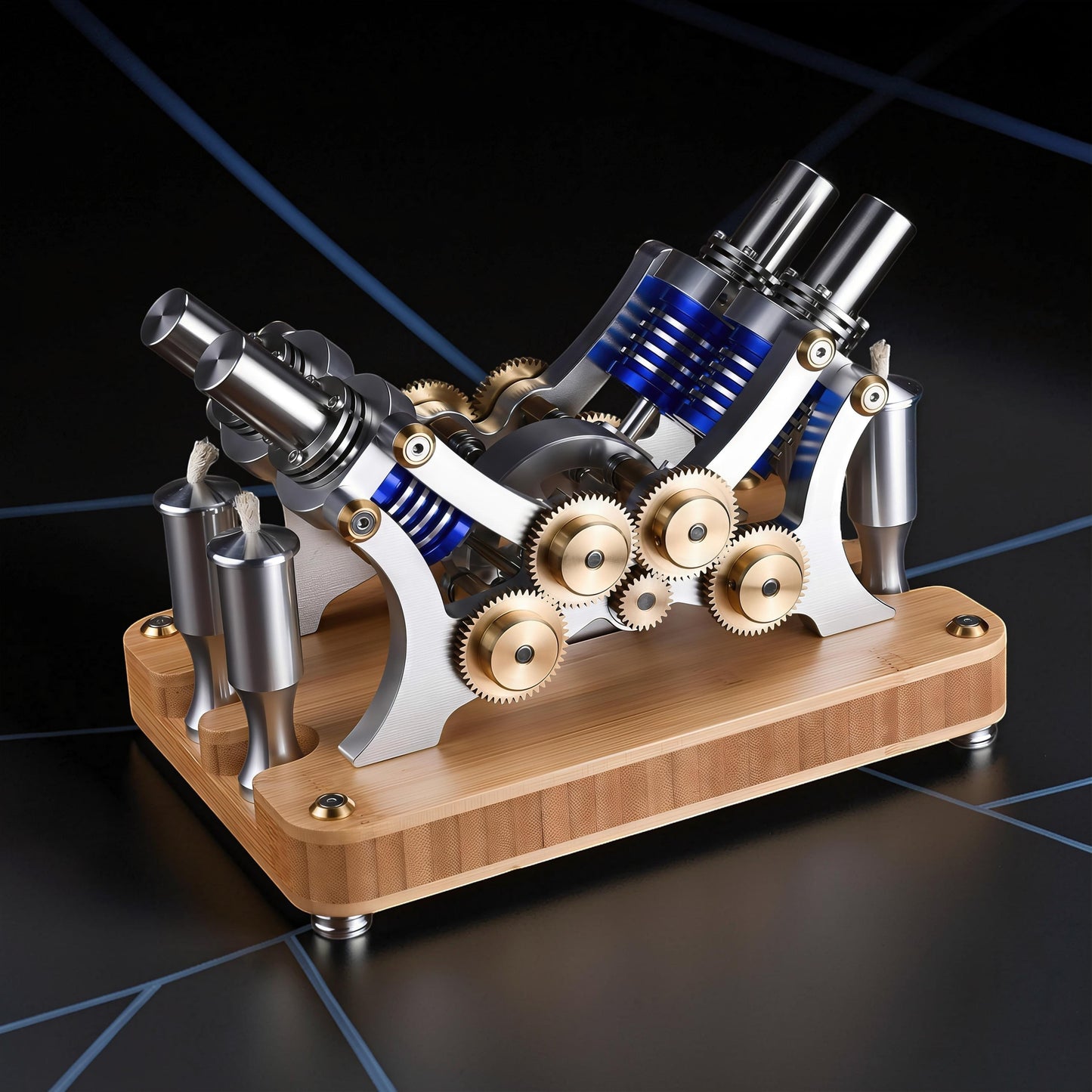 The Curious Mind M20 Stirling Engine model with metal and brass gears, blue accents, and a bamboo base. Precision mechanical display.