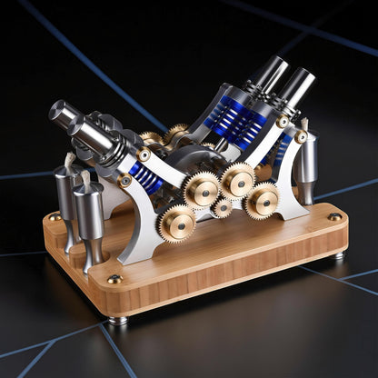 The Curious Mind M20 Stirling Engine model with metal and brass gears, blue accents, and a bamboo base. Precision mechanical display.