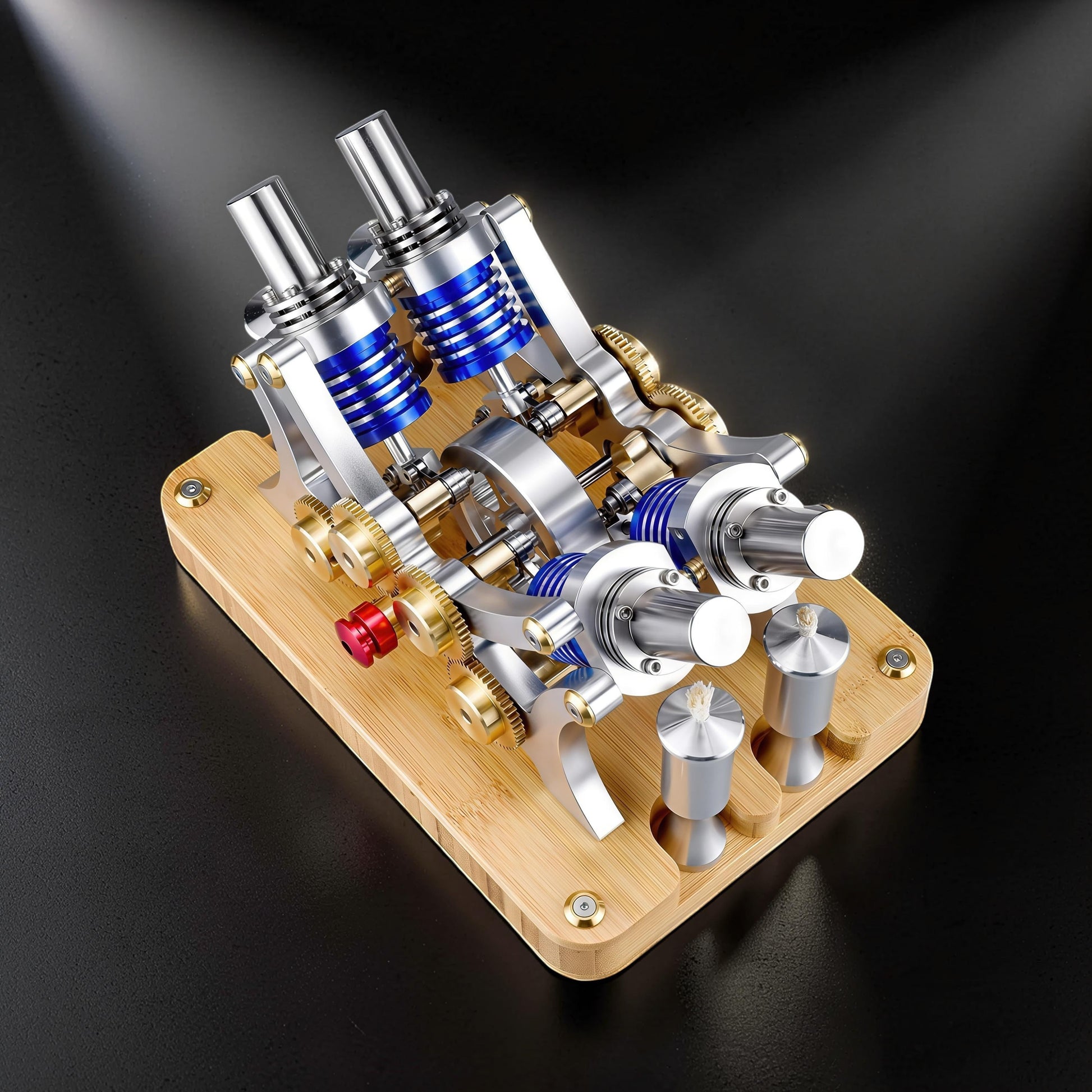 The Curious Mind M20 Stirling Engine model, a precision mechanical display with metal components and blue accents on a wooden base.