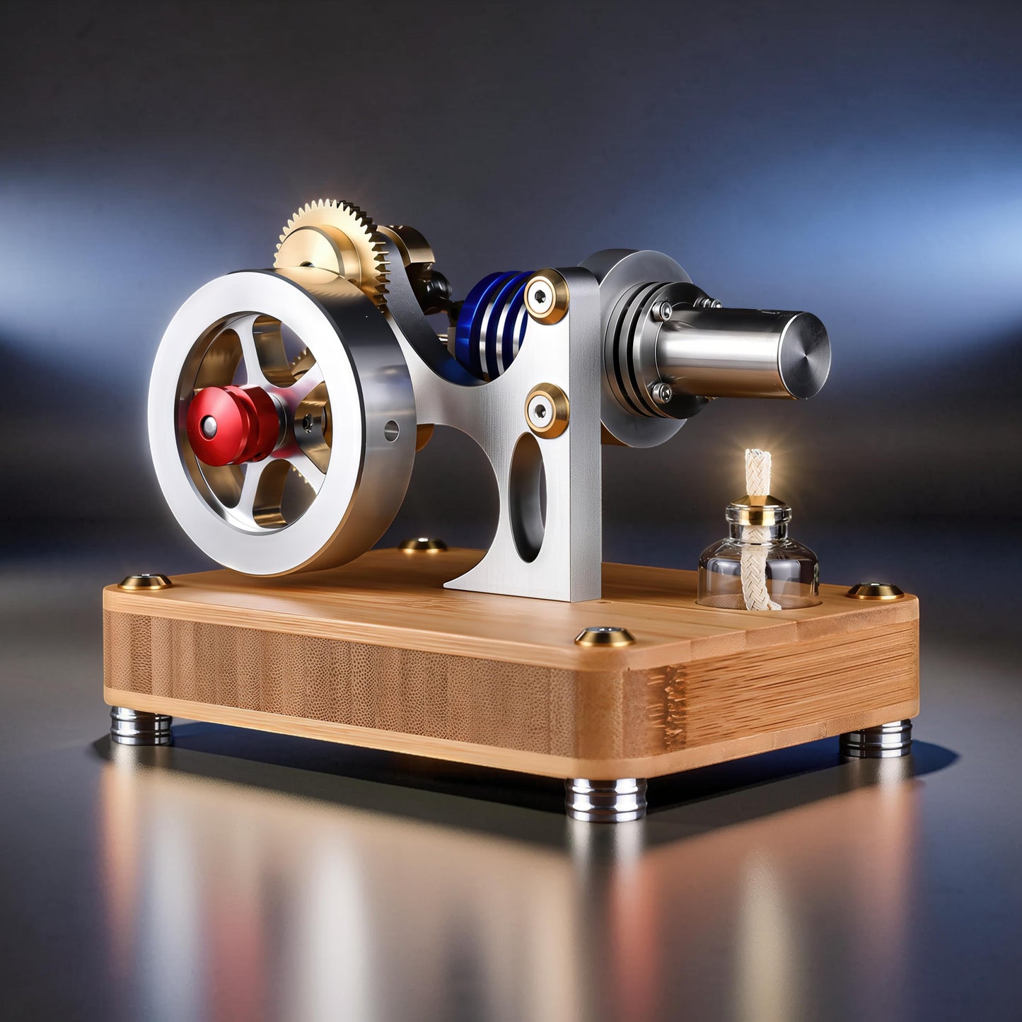 The Curious Mind M20 Stirling engine model with metal components, brass gears, and a bamboo base. Features a red accent on the flywheel.