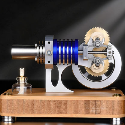 The Curious Mind M20 Stirling engine model with blue and silver metal components on a bamboo base, featuring brass gears and a small fuel burner.