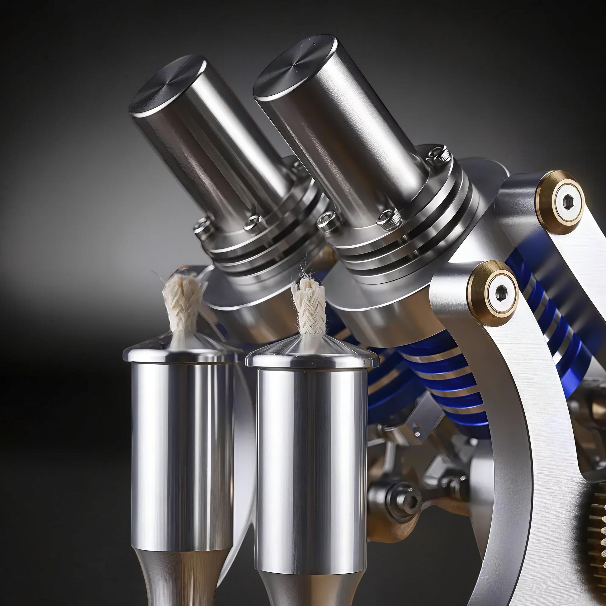 The Curious Mind M20 Stirling Engine model with dual cylinders, metal construction, and blue accents. Features wicks for fuel.