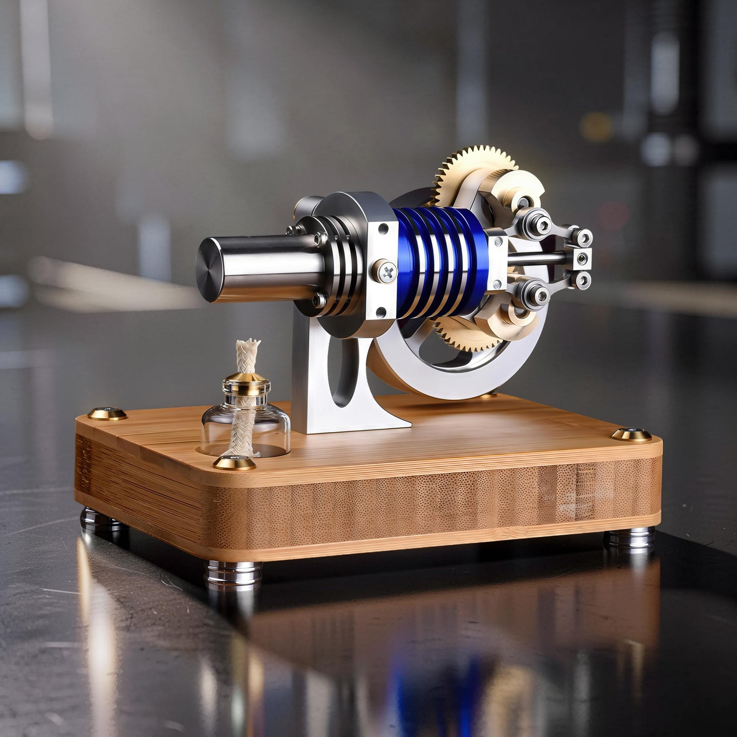 The Curious Mind M20 Stirling engine model with blue accents, metal components, and a bamboo base. Features a small fuel lamp.