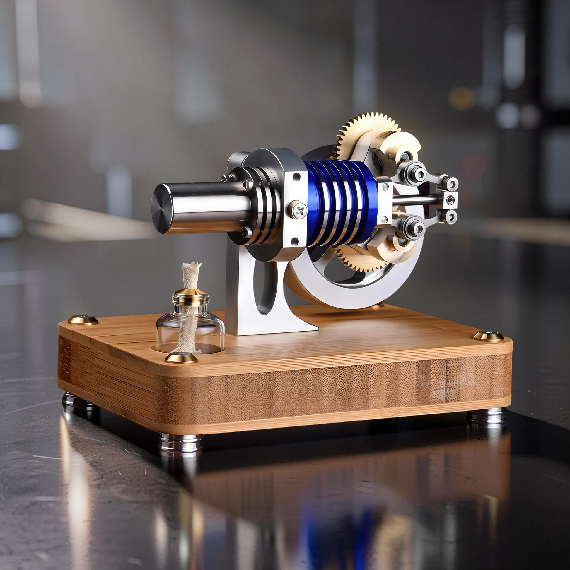 The Curious Mind M20 Stirling engine model with blue accents, metal components, and a bamboo base. Features a small fuel lamp.