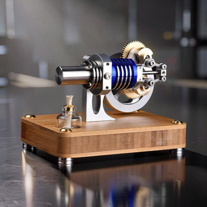 The Curious Mind M20 Stirling engine model with blue accents, metal components, and a bamboo base. Features a small fuel lamp.