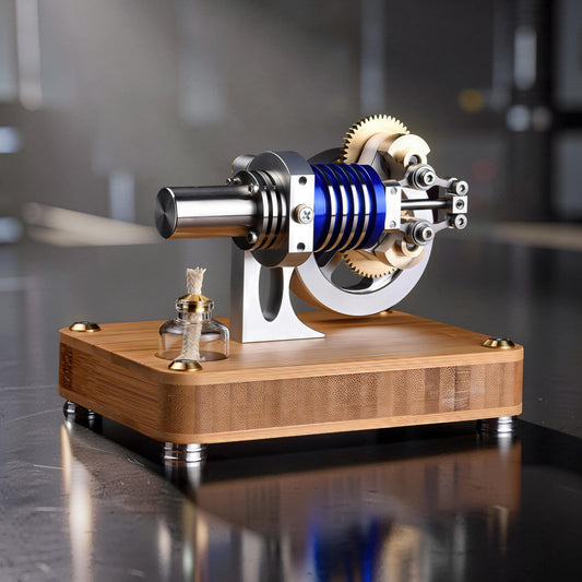 The Curious Mind M20 Stirling engine model with blue accents, metal components, and a bamboo base. Features a small fuel lamp.