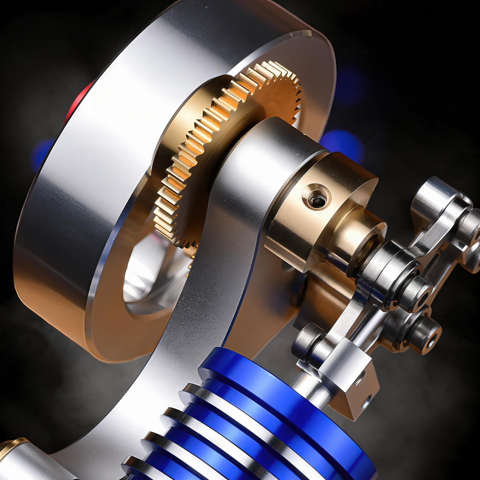 The Curious Mind M20 Stirling engine model with brass gears and blue cylinder detail. Precision mechanical display.