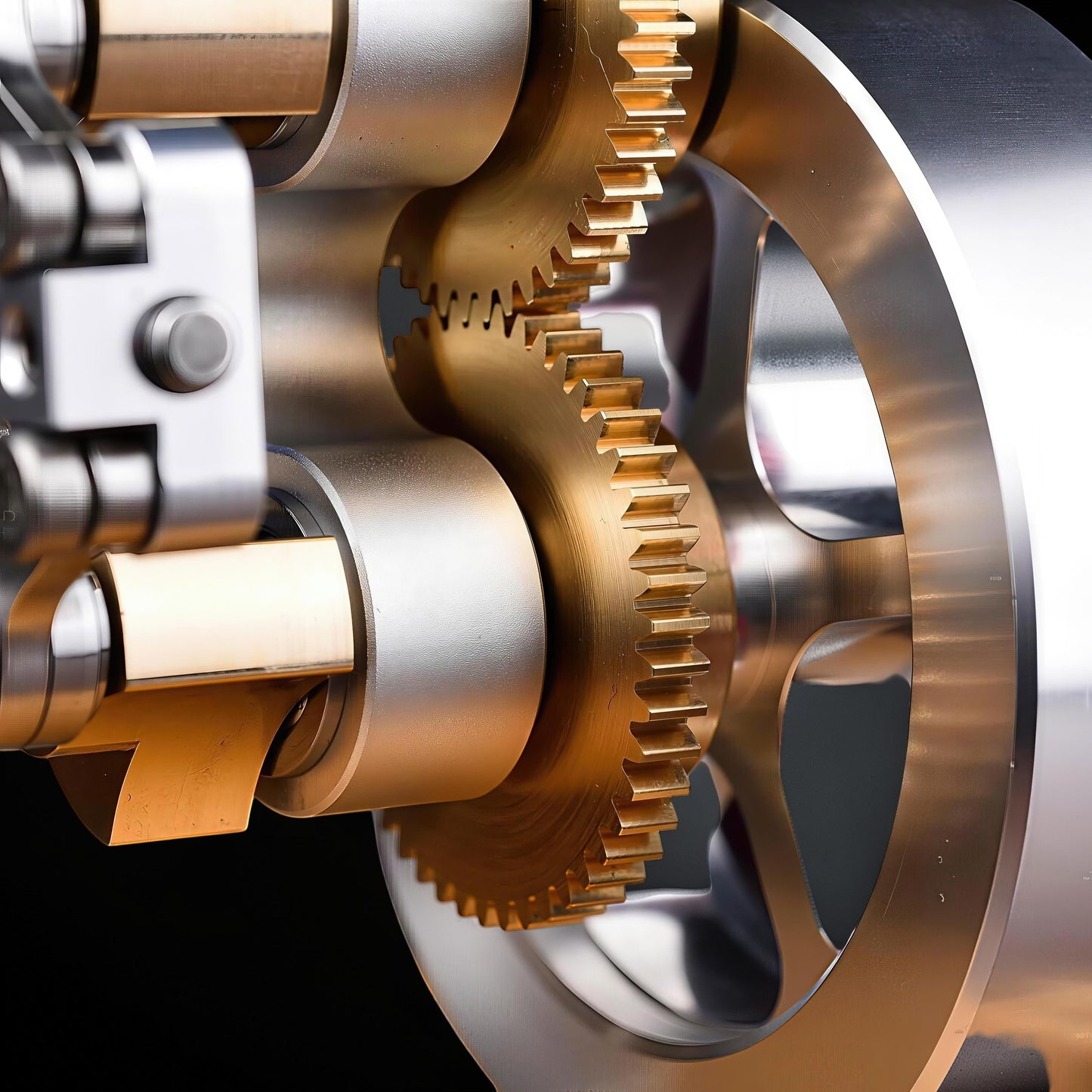 The Curious Mind M20 Stirling Engine model with intricate brass gears and silver metal components, a precision mechanical display.