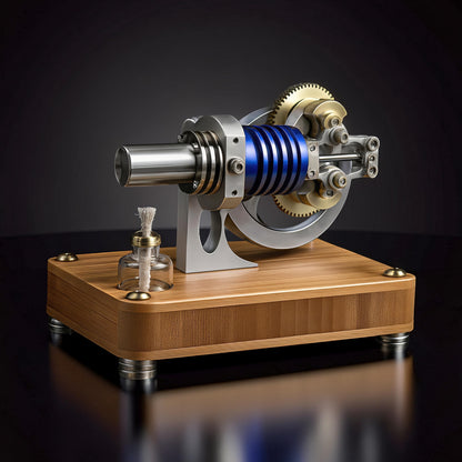 The Curious Mind M20 Stirling engine model with blue cylinder, brass gears, and metal components on a wooden base.