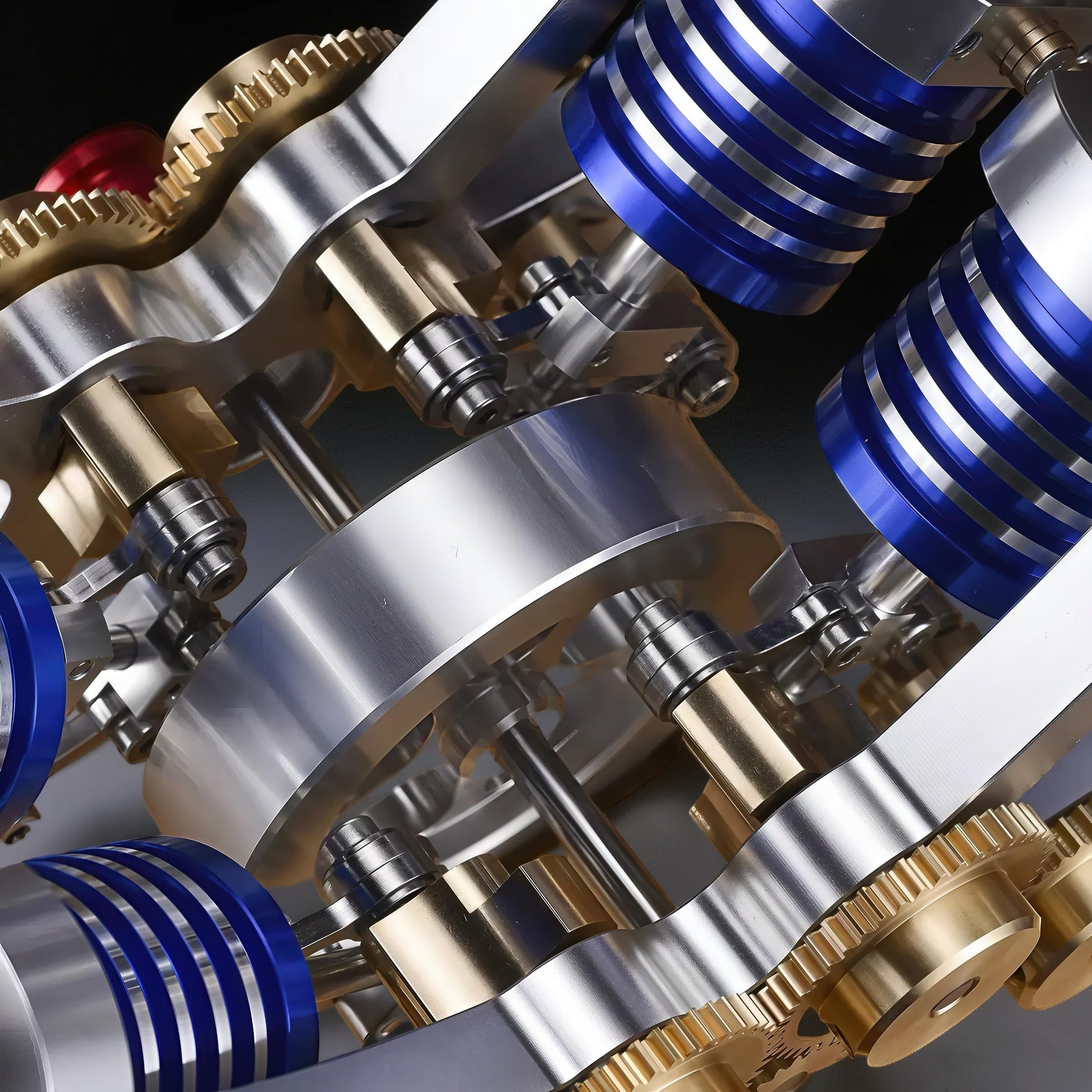 The Curious Mind M20 Stirling Engine model with blue and silver cylinders and brass gears.
