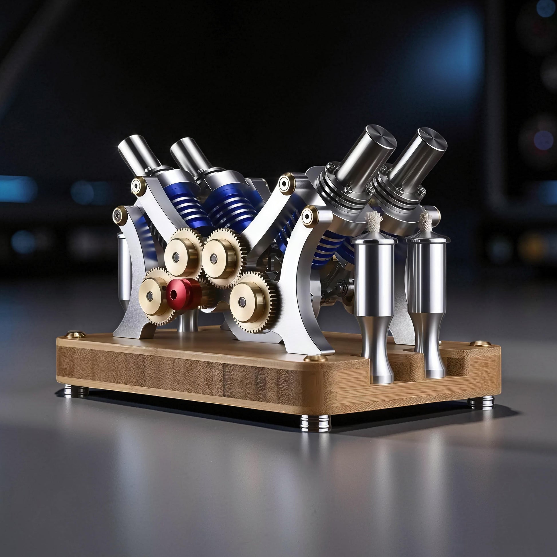 The Curious Mind M20 Stirling Engine model with metal components, blue springs, brass gears, and a wooden base.