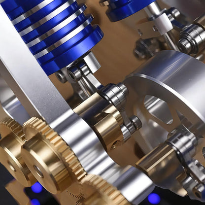 The Curious Mind M20 Stirling engine model with blue and silver cylinders and brass gears. Precision mechanical display.