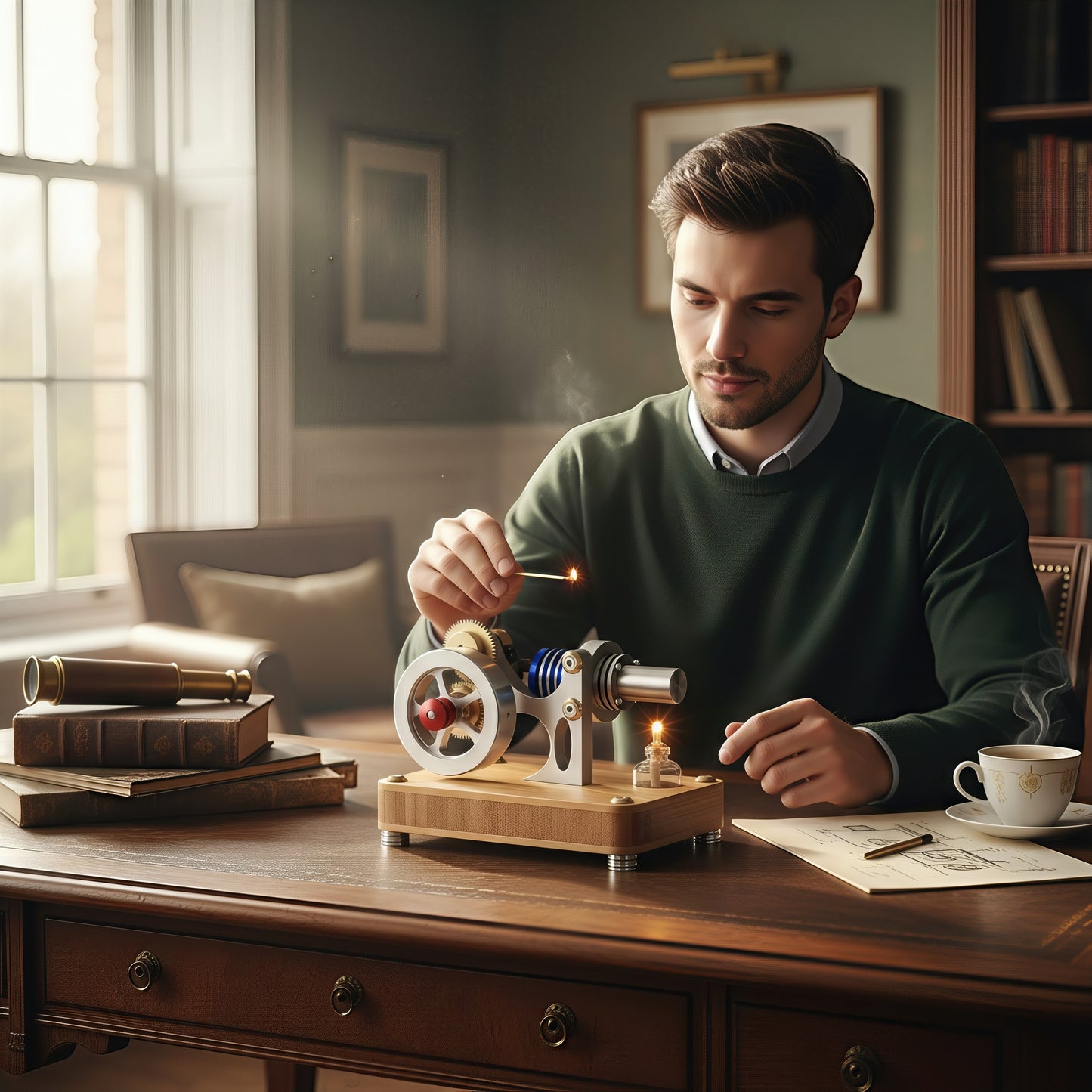The Curious Mind M20 Stirling Engine mechanical model kit, metal, on a wooden base, being lit by a man.
