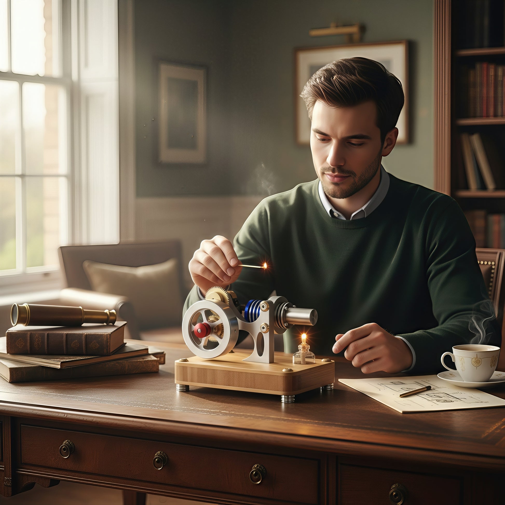 The Curious Mind M20 Stirling Engine mechanical model kit, metal, on a wooden base, being lit by a man.