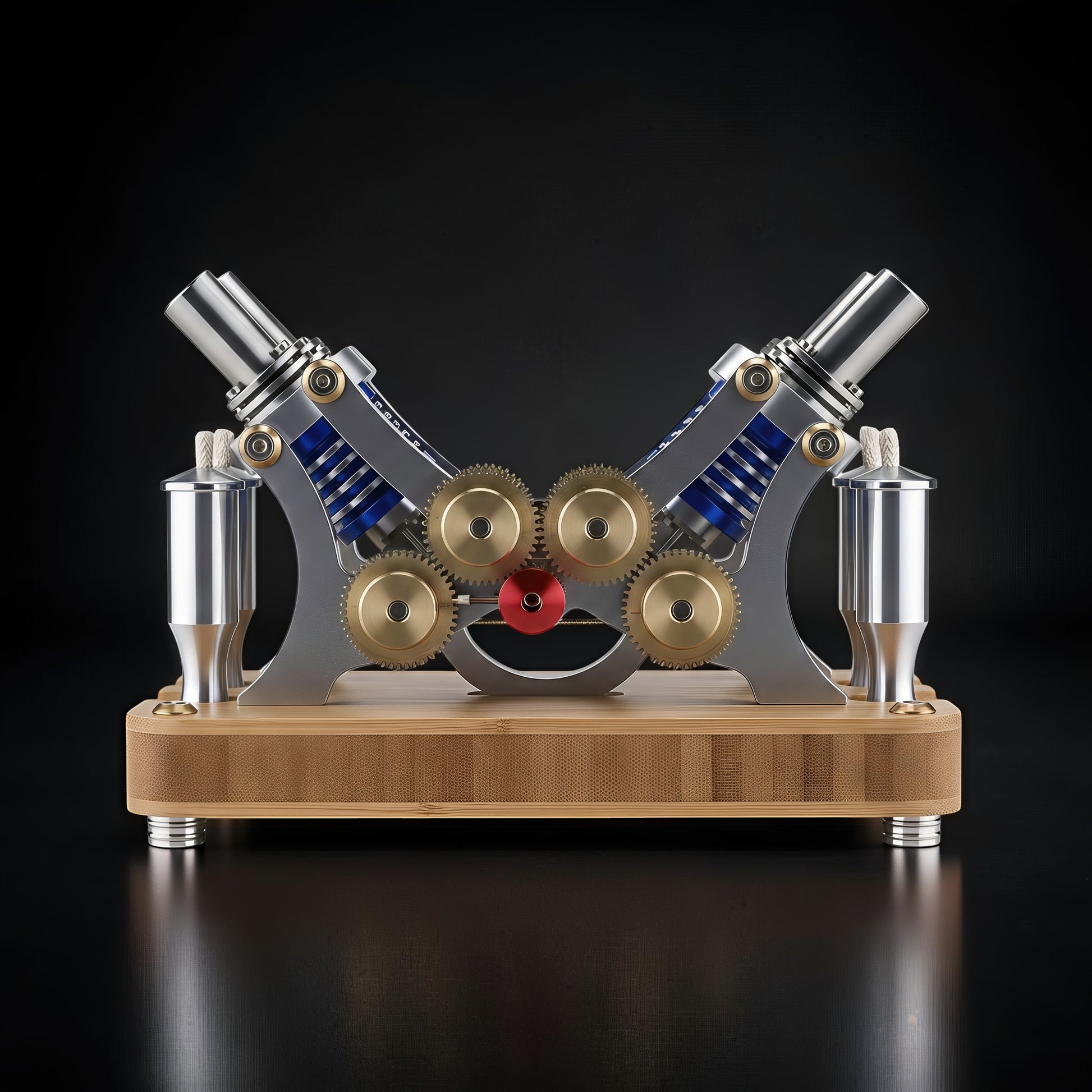 The Curious Mind M20 Stirling Engine V4 model with aluminium, brass gears, blue springs, and bamboo base.