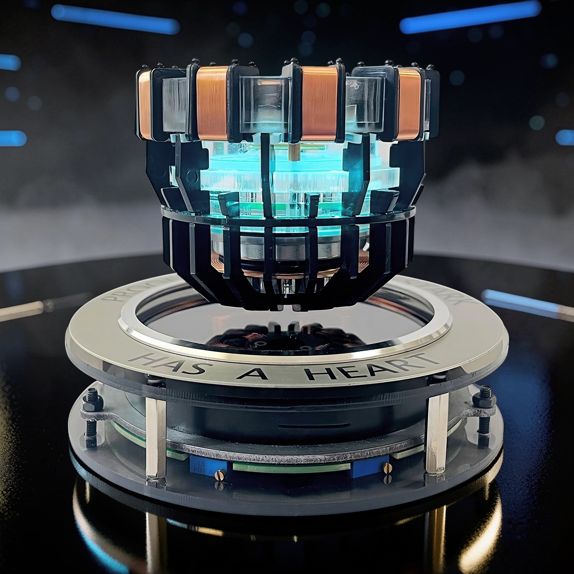 The Curious Mind Maglev Iron Man Ark Reactor Flagship HUD Edition, a metal desk object with blue glowing lights and copper coils.