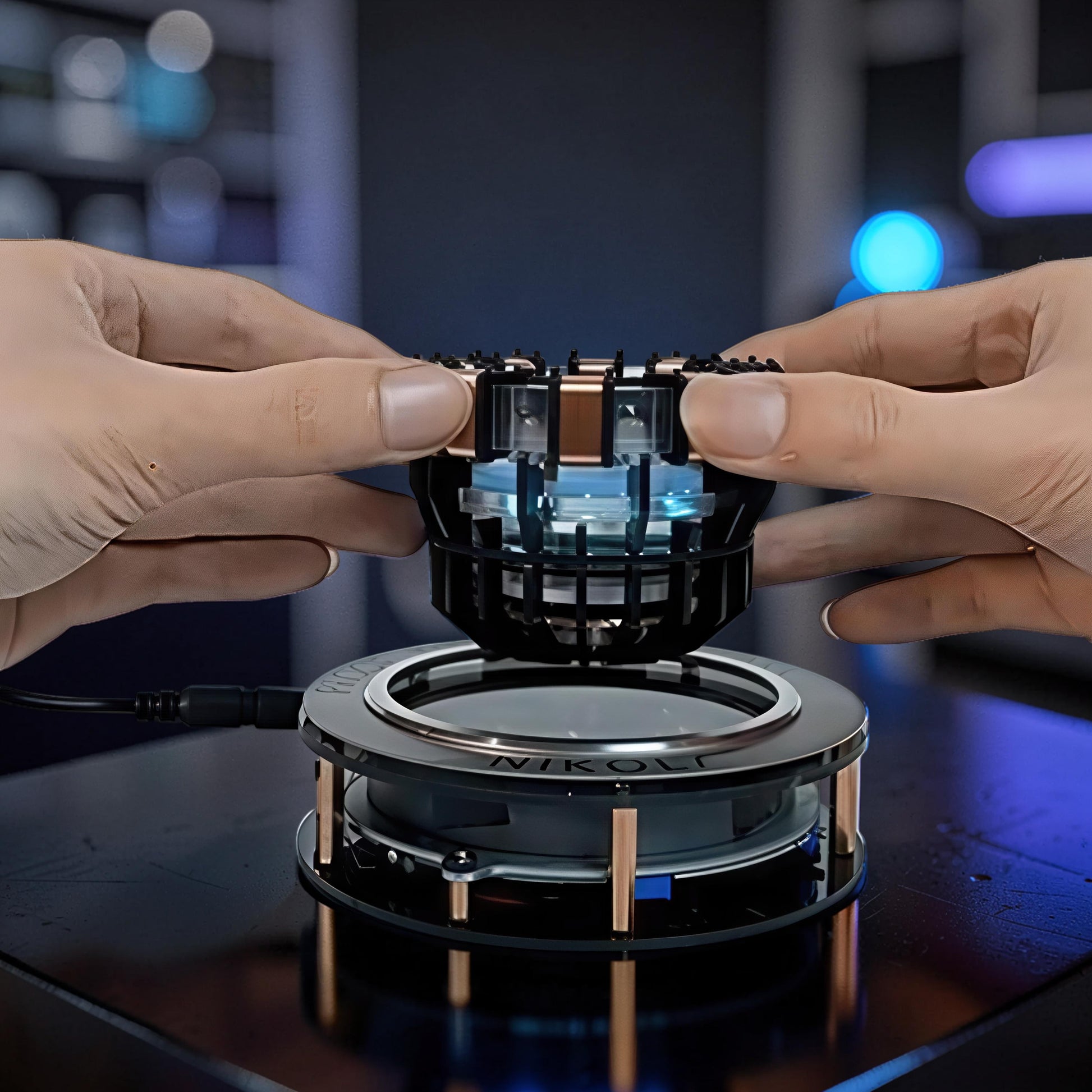 The Curious Mind Maglev Iron Man Ark Reactor Flagship HUD Edition, a metal desk object with blue glowing lights and copper accents, held by two hands.