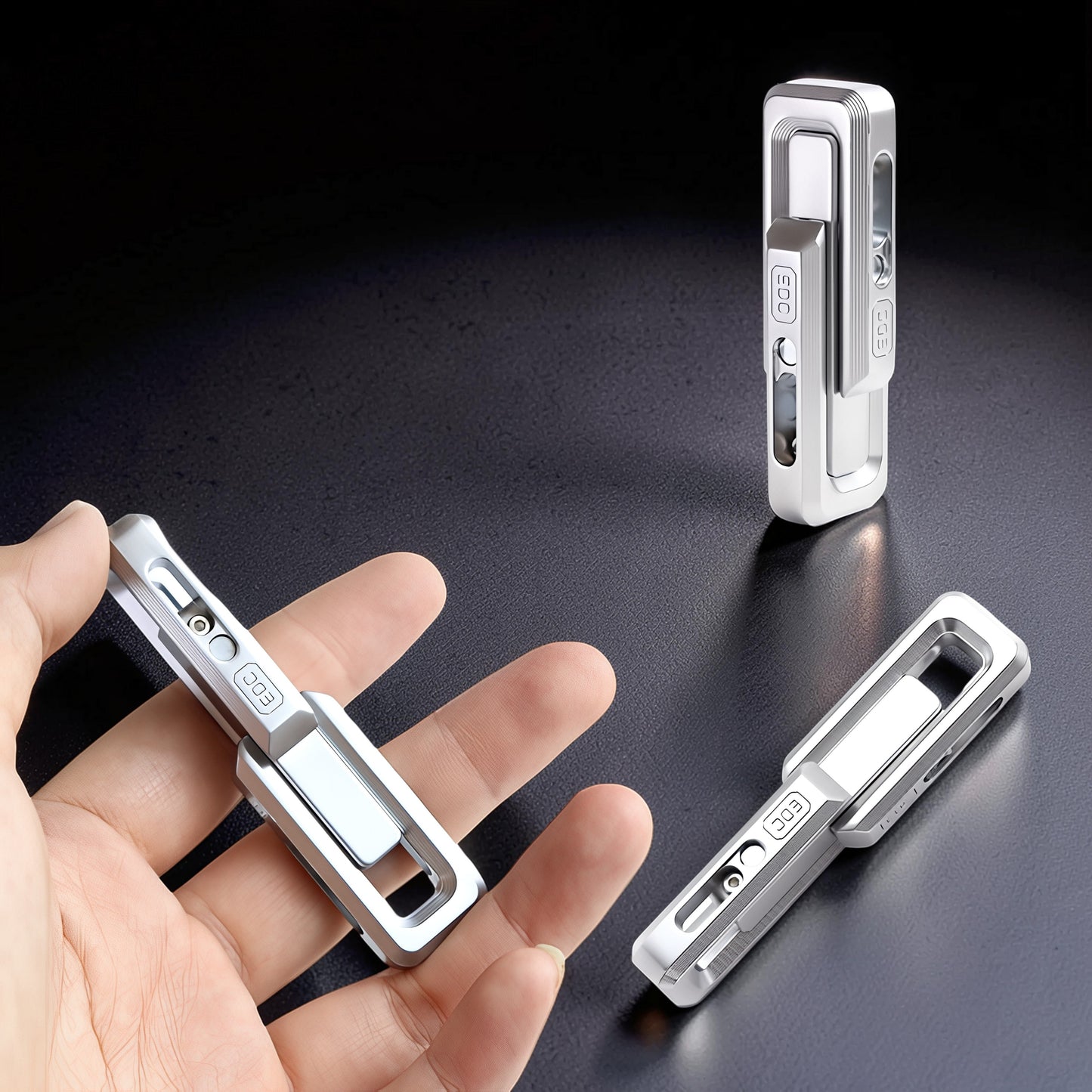 The Curious Mind premium magnetic double push slider fidget toy, silver metal, compact design for stress relief and EDC.