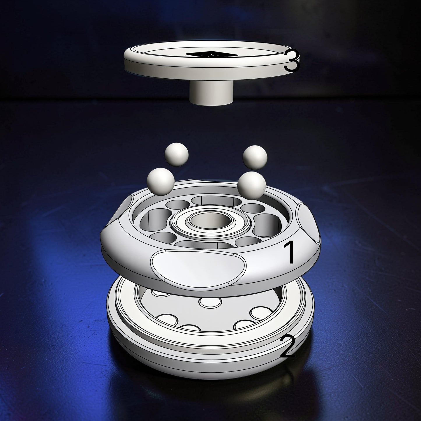 The Curious Mind Magnetic Master 2.0 spinner, exploded view showing metal construction, bearing, and magnetic balls.