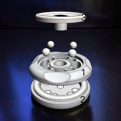 The Curious Mind Magnetic Master 2.0 spinner, exploded view showing metal construction, bearing, and magnetic balls.