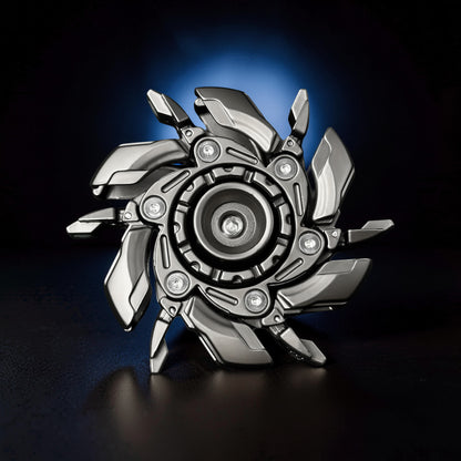 The Curious Mind Open Armour Magnetic Spinner, a metallic grey fidget spinner with a complex, mechanical design and magnetic accents.