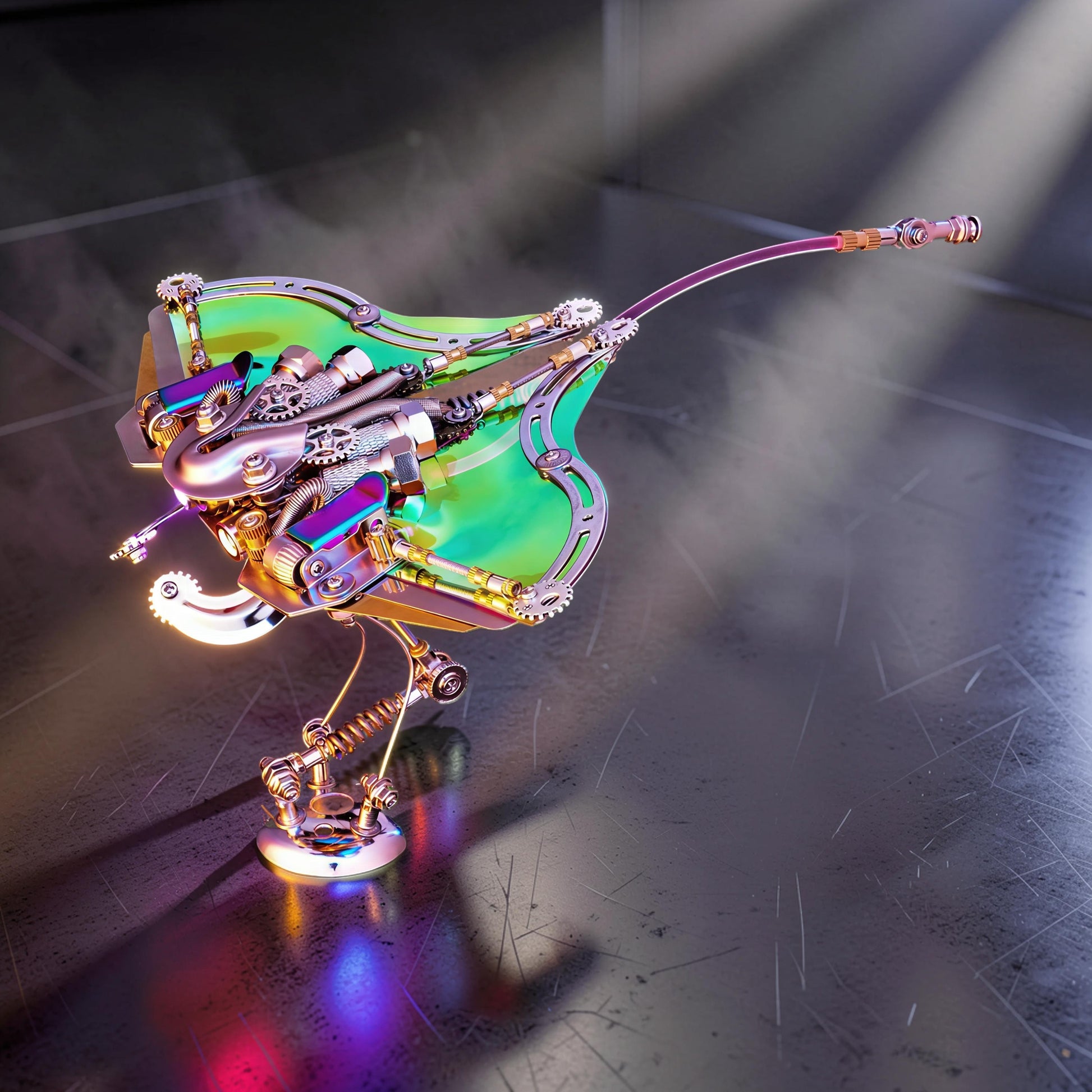 The Curious Mind Manta Ray 3D metal model kit with iridescent green wings and intricate mechanical details.