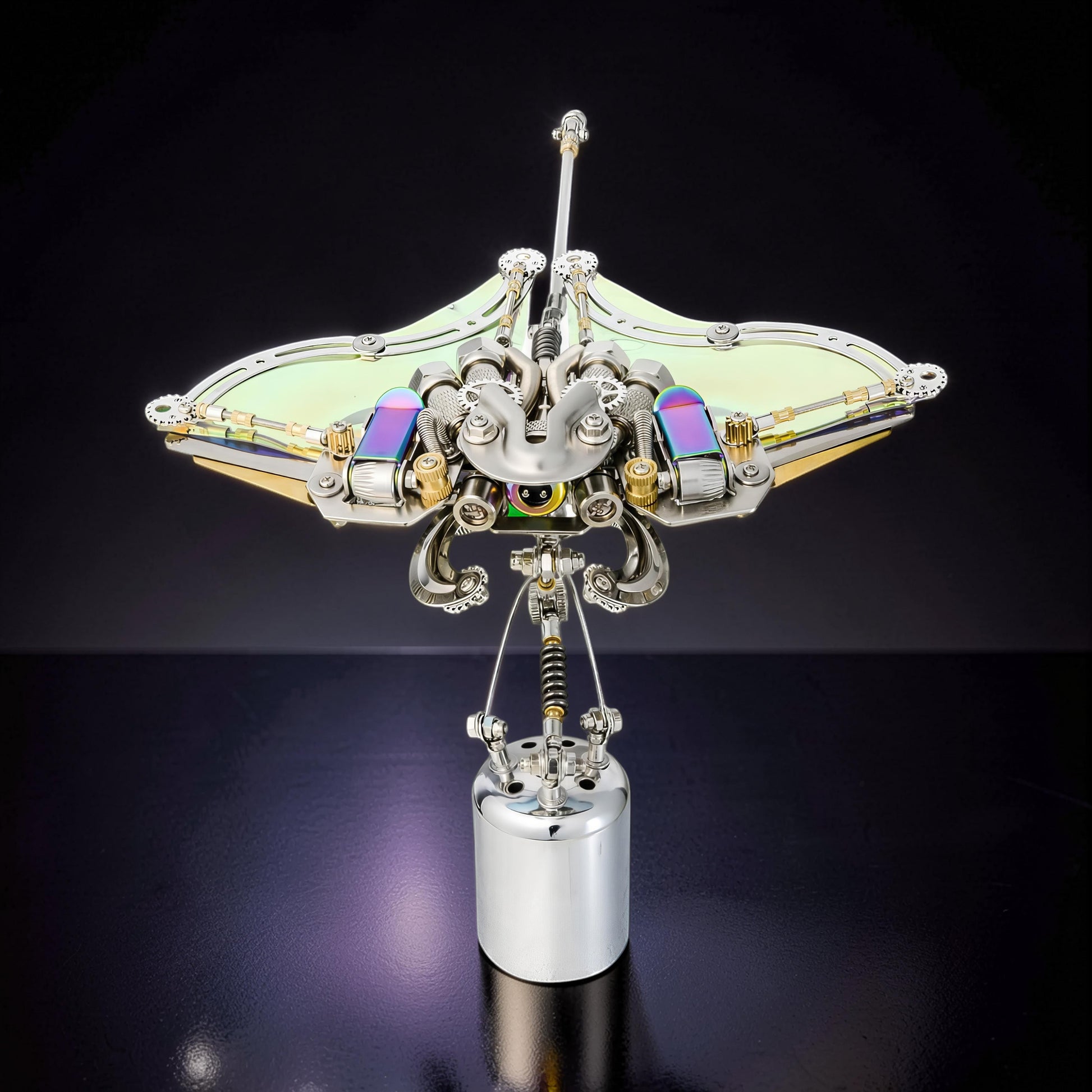 The Curious Mind Manta Ray 3D metal model kit, intricate steampunk design with iridescent wings and metallic details.