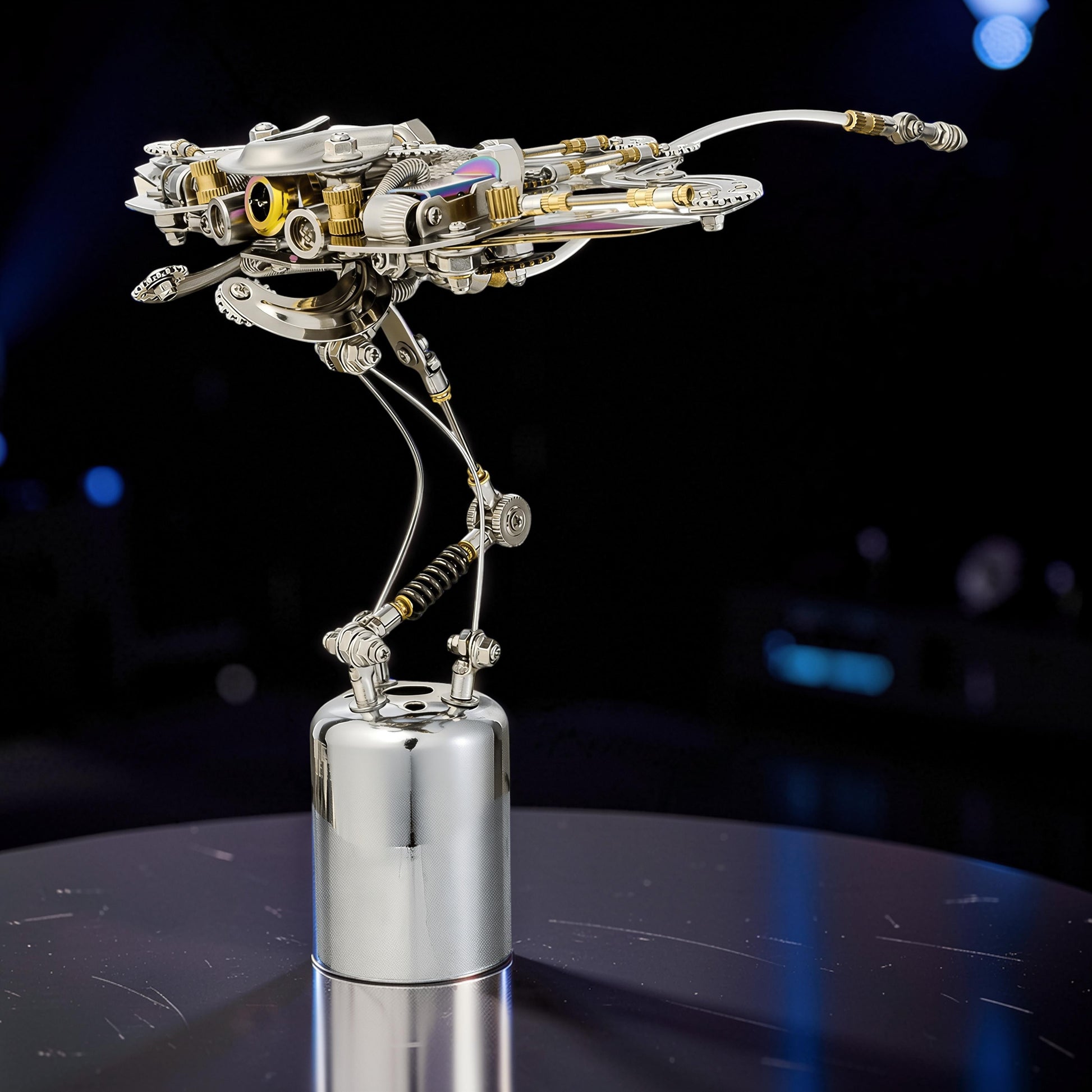The Curious Mind Manta Ray 3D metal model kit, intricate steampunk design with silver and gold metallic finishes.