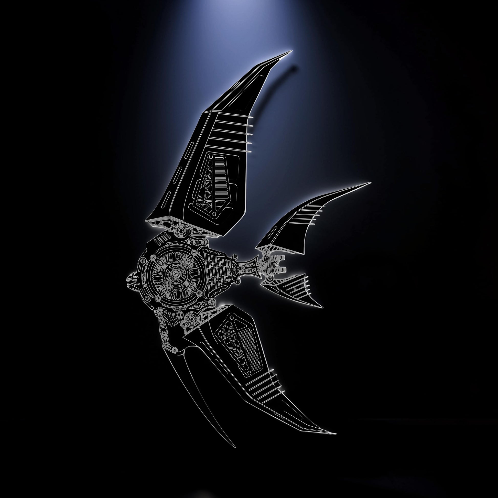 The Curious Mind Mechanical Angelfish 3D metal model kit with intricate gears and fins, displayed against a dark background.