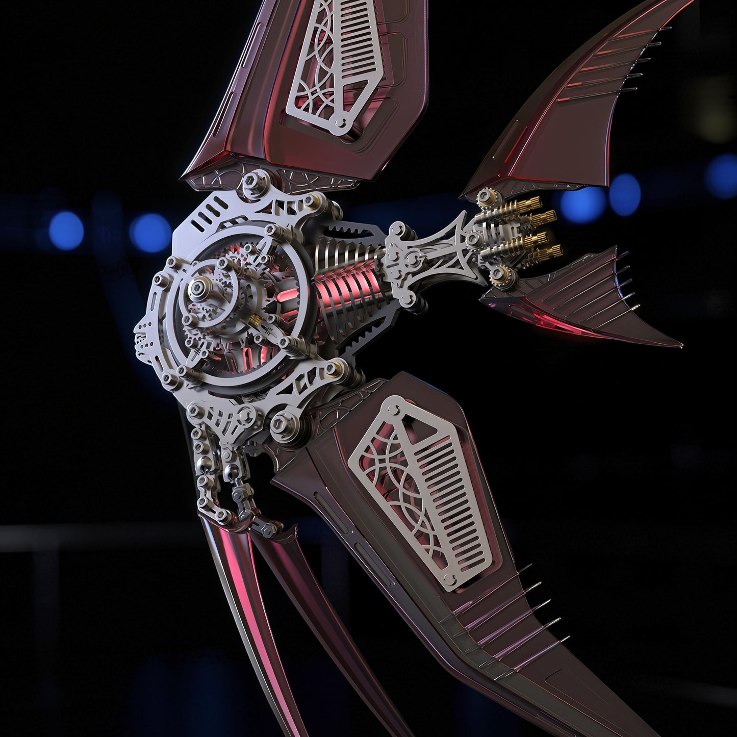 The Curious Mind Mechanical Angelfish 3D metal model kit with intricate gears and red metallic fins.
