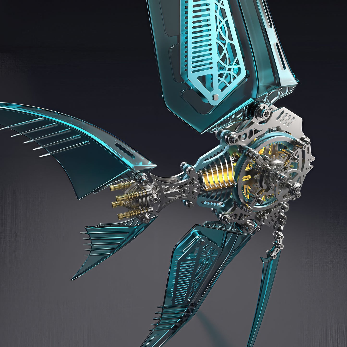 The Curious Mind Mechanical Angelfish 3D metal model kit with teal accents and intricate gears.