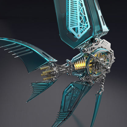 The Curious Mind Mechanical Angelfish 3D metal model kit with teal accents and intricate gears.