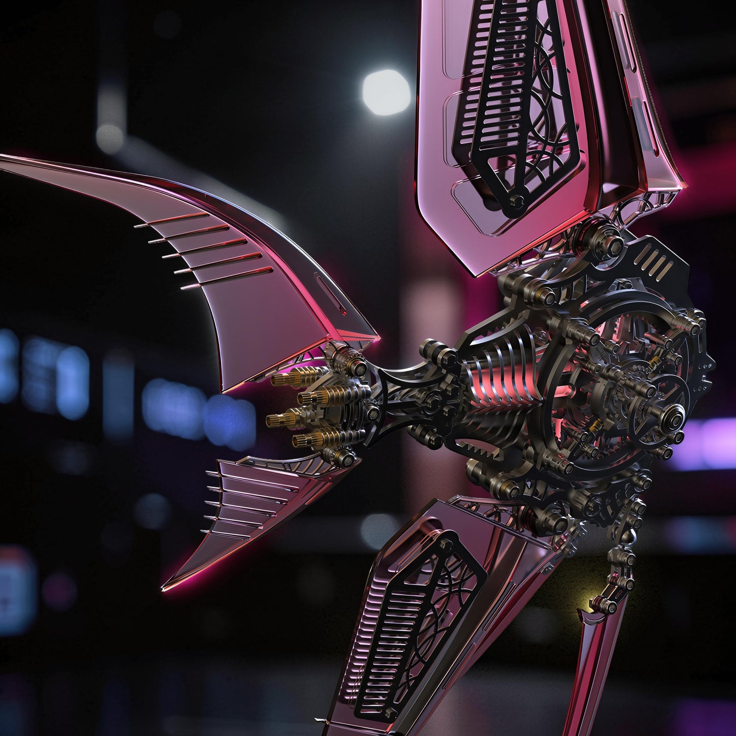 The Curious Mind Mechanical Angelfish 3D metal model kit, featuring intricate gears and metallic red fins. Steampunk-inspired creature model.