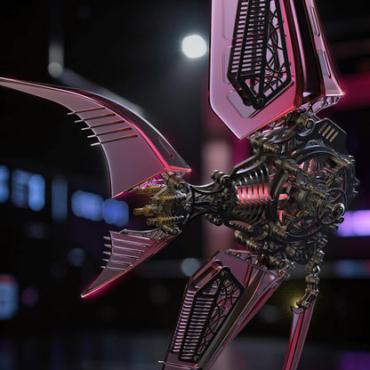 The Curious Mind Mechanical Angelfish 3D metal model kit, featuring intricate gears and metallic red fins. Steampunk-inspired creature model.