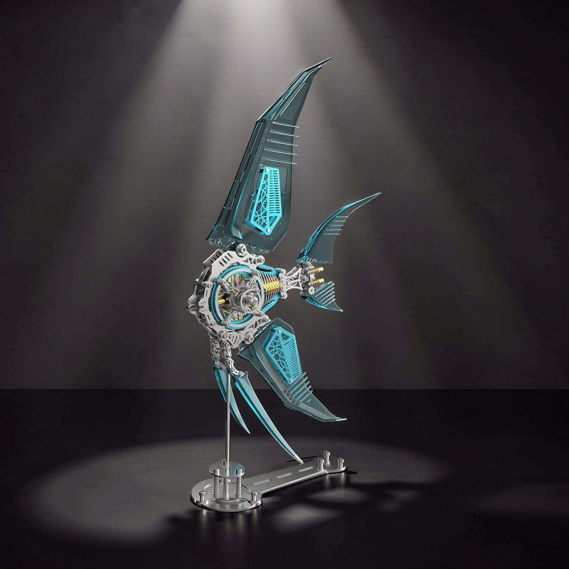 The Curious Mind Mechanical Angelfish 3D metal model kit with translucent blue fins and intricate silver mechanical details.