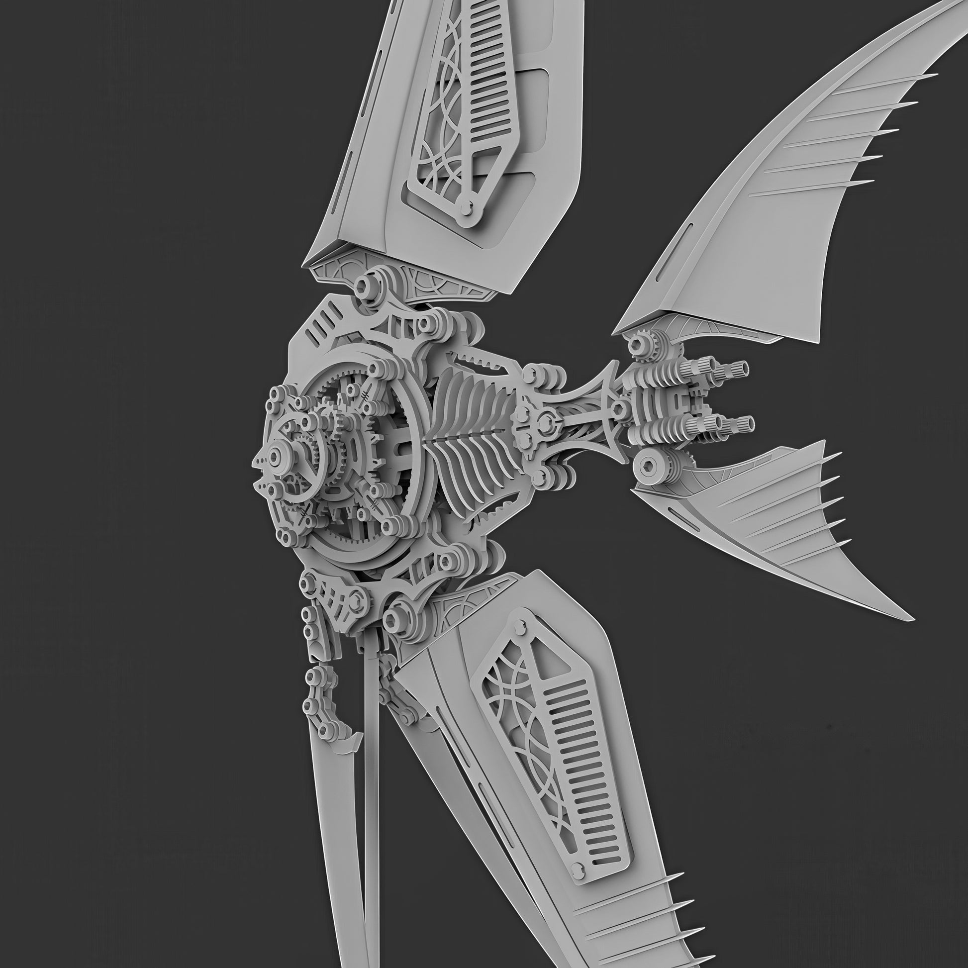 The Curious Mind Mechanical Angelfish 3D metal model kit with intricate gears and fins, grey.