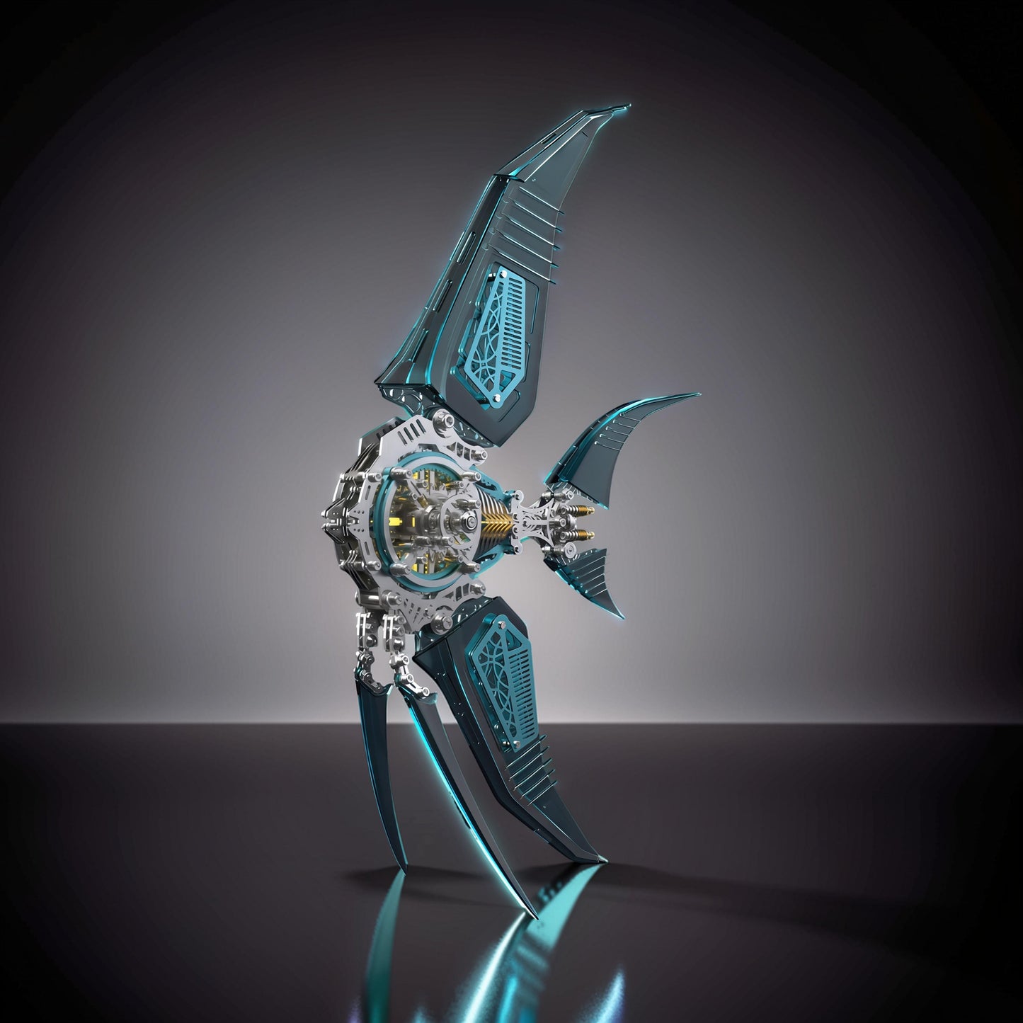 The Curious Mind Mechanical Angelfish 3D metal model kit with blue accents and intricate gears. Steampunk creature display.
