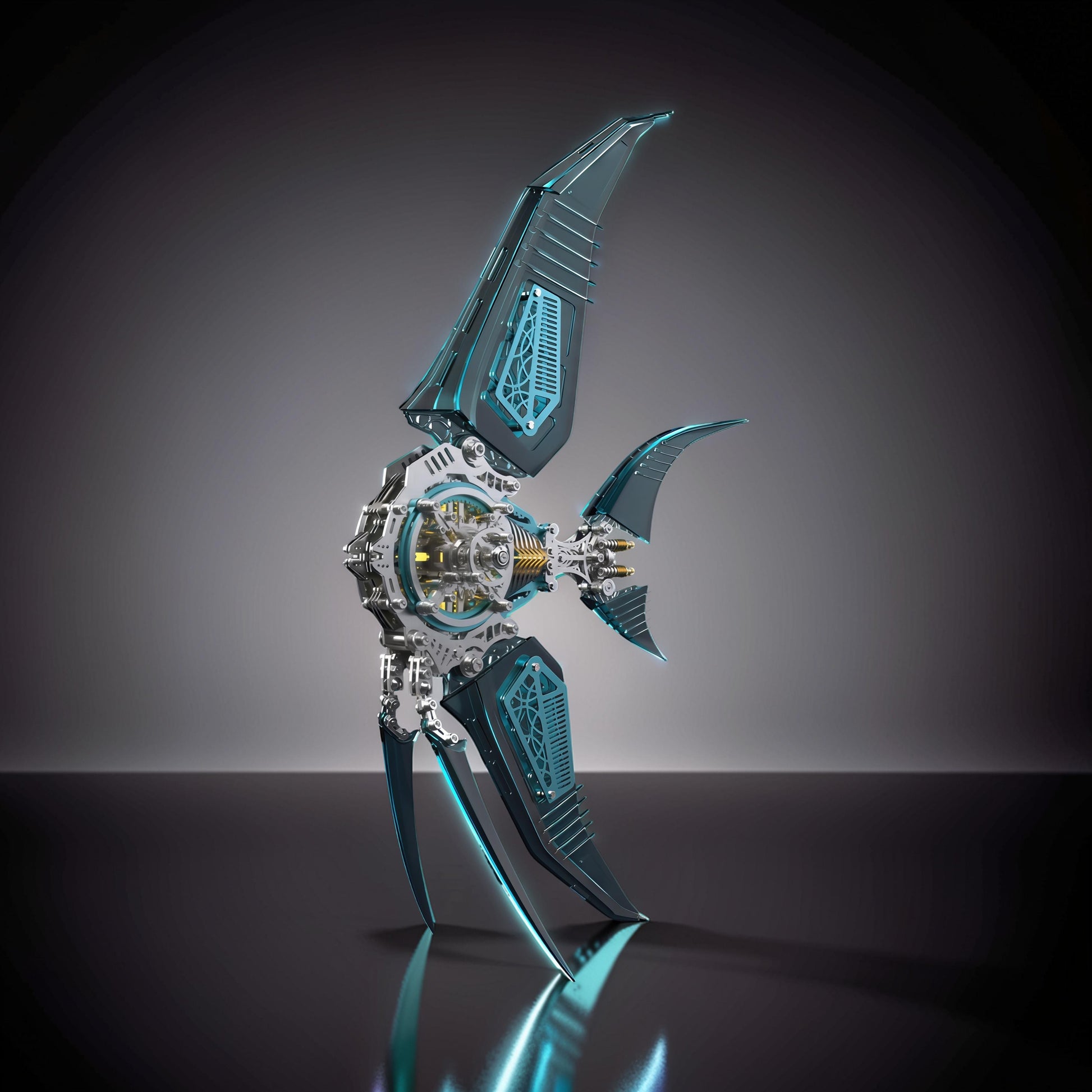 The Curious Mind Mechanical Angelfish 3D metal model kit with blue accents and intricate gears. Steampunk creature display.