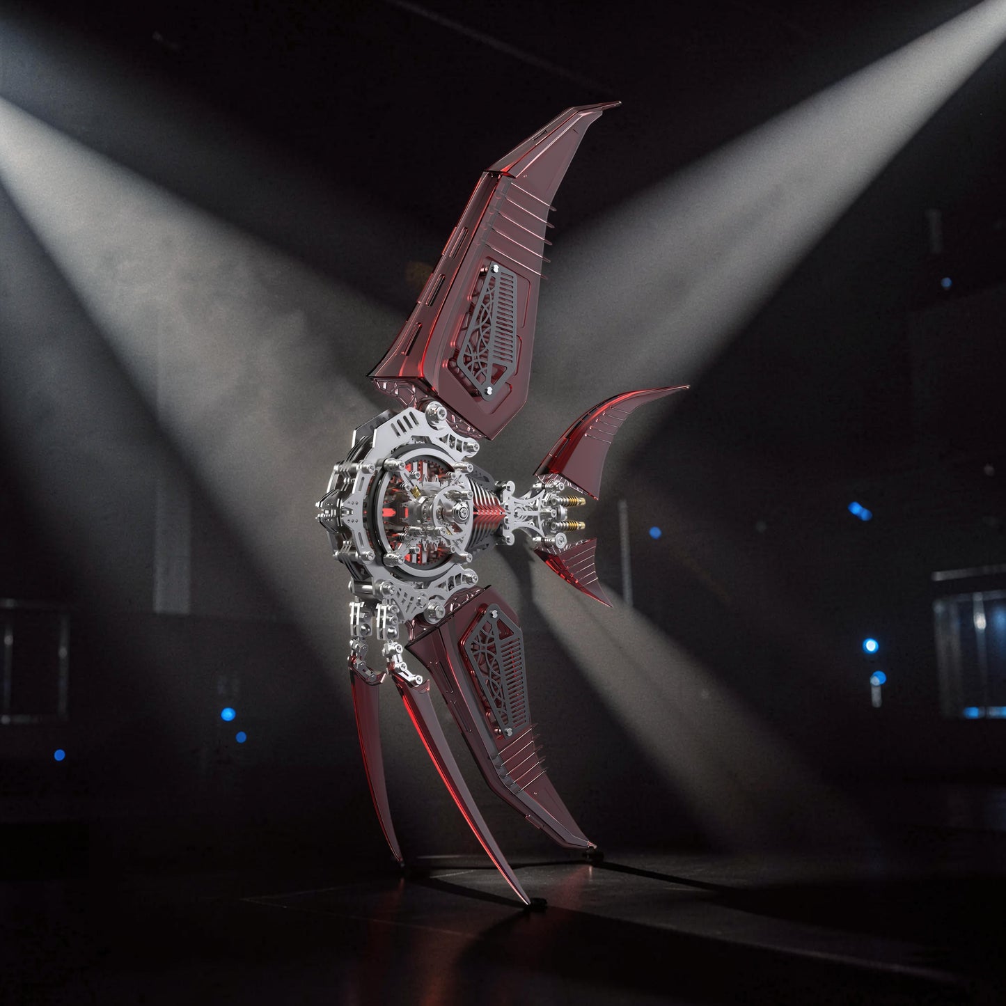 The Curious Mind Mechanical Angelfish 3D metal model kit with red translucent fins and intricate silver metal body.