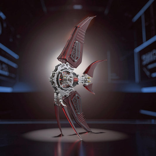 The Curious Mind Mechanical Angelfish 3D metal model kit with red translucent fins and intricate silver mechanical details.