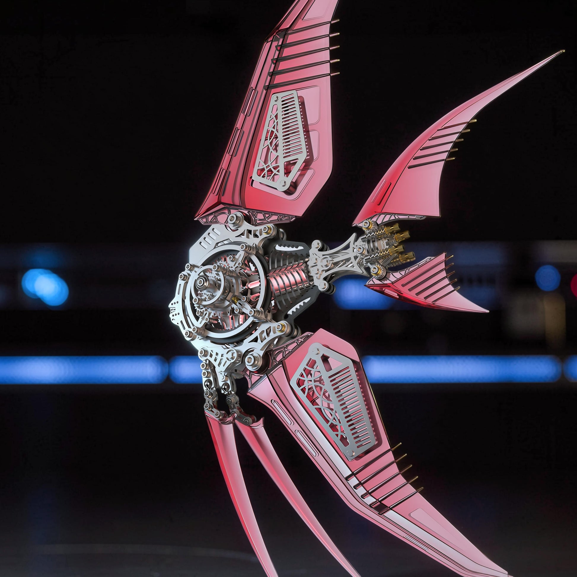 The Curious Mind Mechanical Angelfish 3D metal model kit with red translucent fins and intricate silver mechanical details.