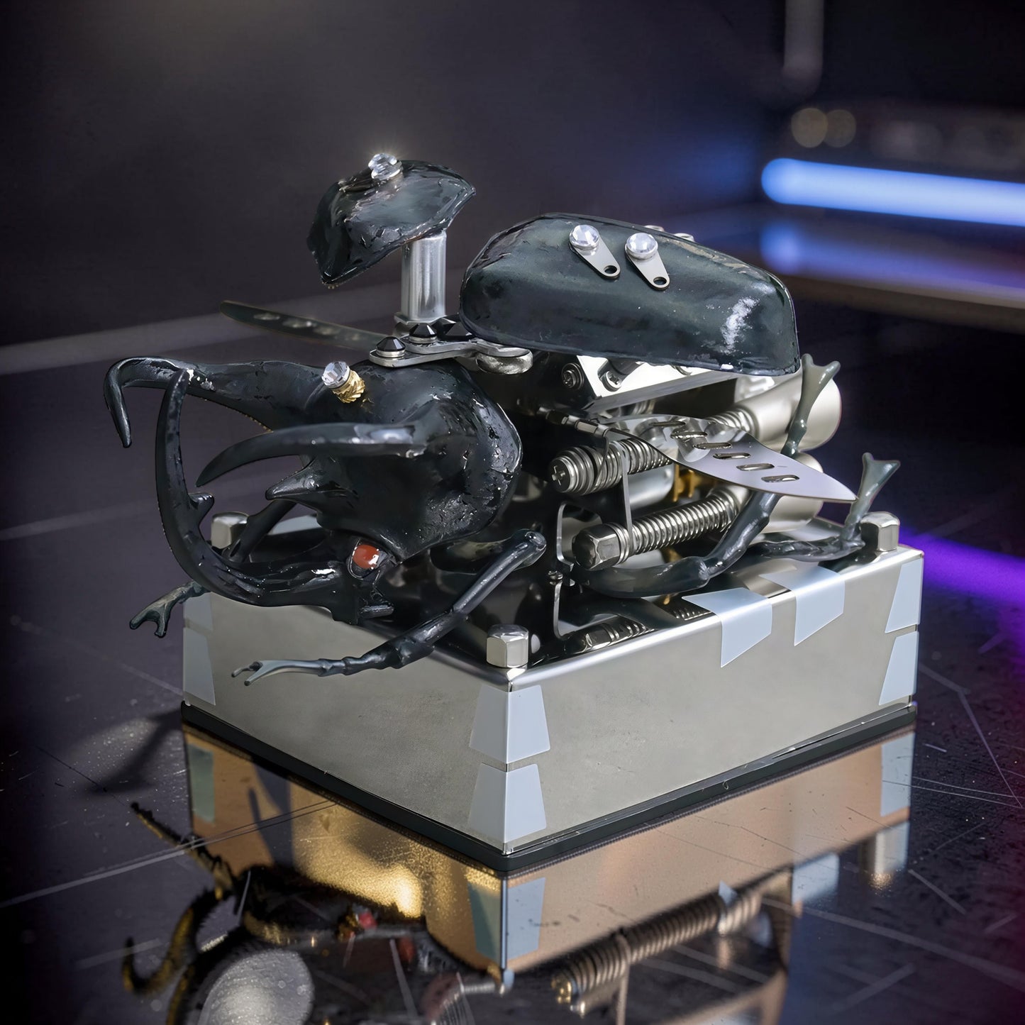 The Curious Mind Mechanical V8 Beetle Display Model, a black alloy metal and resin sculpture with intricate mechanical details and gem accents.