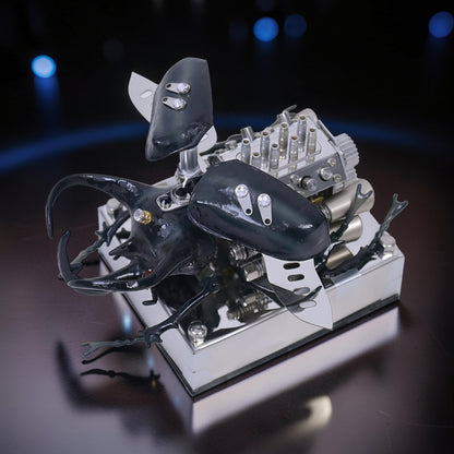 The Curious Mind Mechanical V8 Beetle Display Model, a detailed alloy metal and resin sculpture with black beetle features and intricate engine components.
