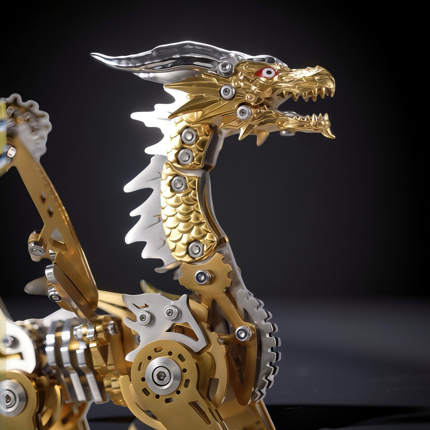 The Curious Mind Pterosaur DIY Kit: intricate mechanical dragon model with gold and silver metal parts, red eyes, and detailed scales.